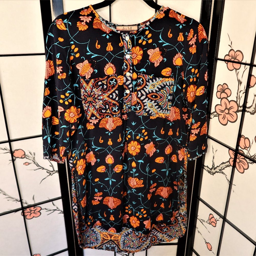 Olive Hill Teal Black Orange Floral Print Button Down Blouse Size Small